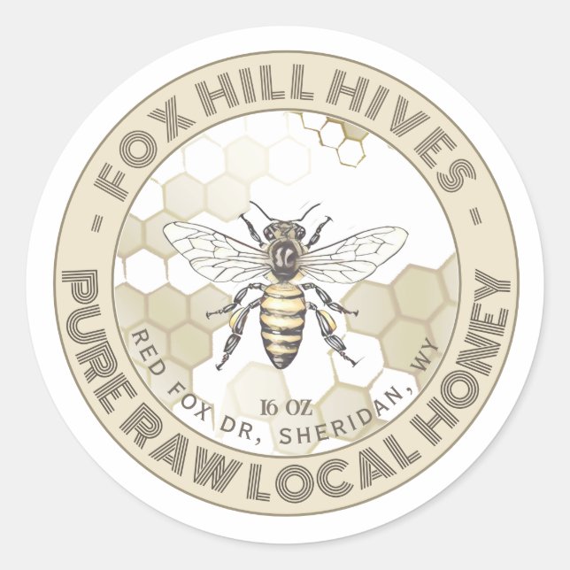 Queen Bee Honeycomb på vit etikett (Framsida)