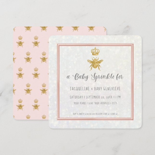 Queen Bee Krona Guld Glitter Rosa Elegant Girl Gir Inbjudningar (Fram/baksida)