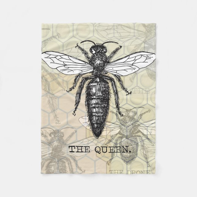 Queen Bee Kryp Insekt Antique Illustration Fleecefilt (Framsidan)