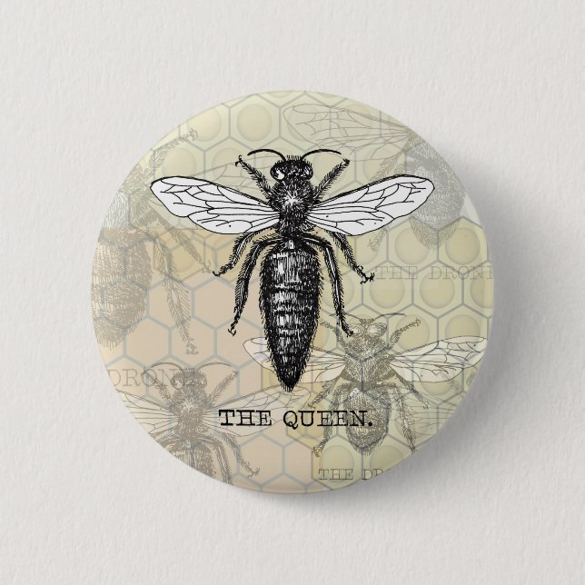 Queen Bee Kryp Insekt Antique Illustration Knapp (Framsida)