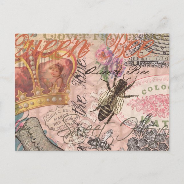Queen Bee Vintage Bevalt Collage Vykort (Framsida)