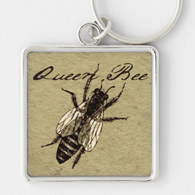 Queen Bee Wildlife Kryp Insekt Fyrkantig Silverfärgad Nyckelring (Framsidan)