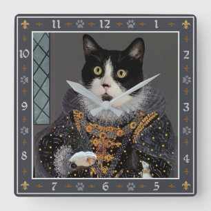 Queen Cat Tuxedo Kattunge Funny Renaissance Porträ Fyrkantig Klocka