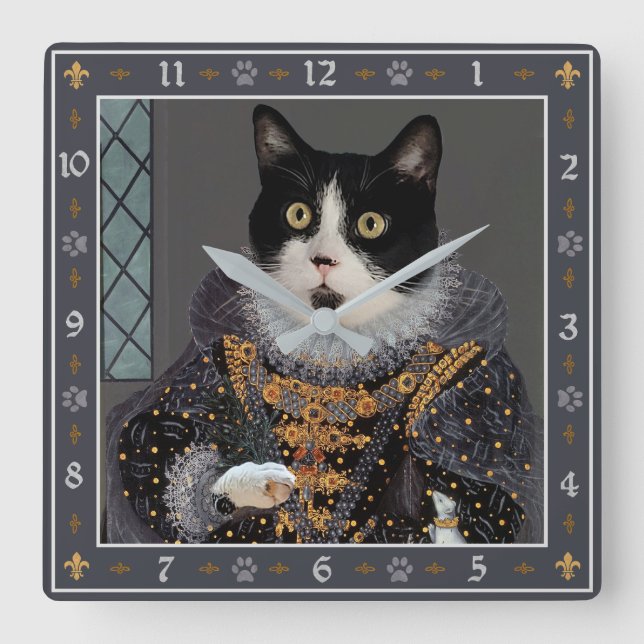Queen Cat Tuxedo Kattunge Funny Renaissance Porträ Fyrkantig Klocka (Framsida)
