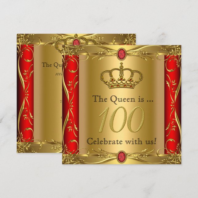 Queen eller Kung Regal Red Guld 100:e Födelsedagsf Inbjudningar (Fram/baksida)