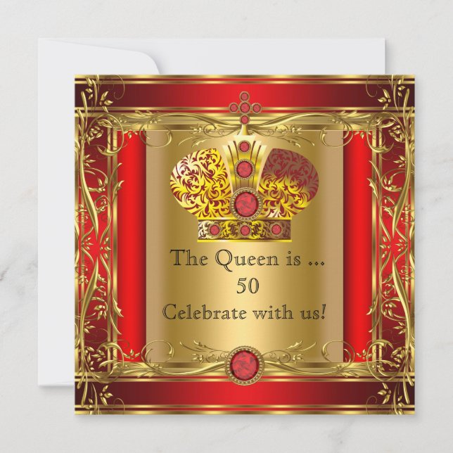 Queen eller Kung Regal Red Guld 50:e Födelsedagsfe Inbjudningar (Framsida)