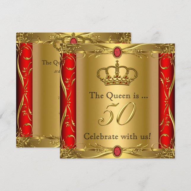 Queen eller Kung Regal Red Guld 50:e Födelsedagsfe Inbjudningar (Fram/baksida)