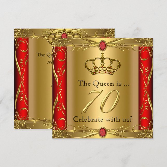 Queen eller Kung Regal Red Guld 70 Födelsedagsfest Inbjudningar (Fram/baksida)