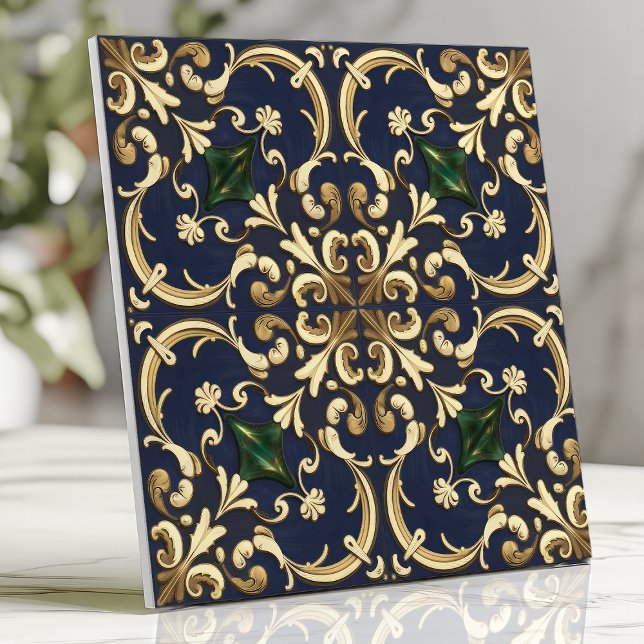 Queen Esther Damask Rulla Navy Blue Guld Kakelplatta (Skapare uppladdad)