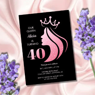 Queen Krona Rosa Glitter Black 40:e födelsedagen Inbjudningar
