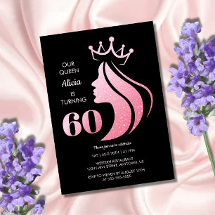 Queen Krona Rosa Glitter Black 60:e födelsedagen Inbjudningar