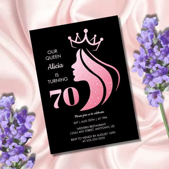 Queen Krona Rosa Glitter Black 70:e födelsedagen Inbjudningar (Skapare uppladdad)