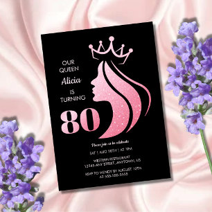 Queen Krona Rosa Glitter Black 80:e födelsedagen Inbjudningar