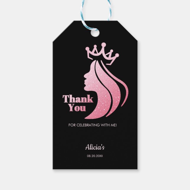 Queen Krona Rosa Glitter Black Birthday Tack Presentetikett (Framsidan)