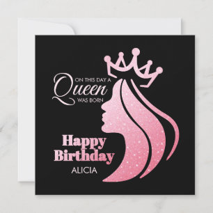 Queen Krona Rosa Glitter Black Grattis på födelsed Julkort