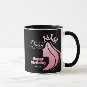 Queen Krona Rosa Glitter Black Grattis på födelsed Mugg