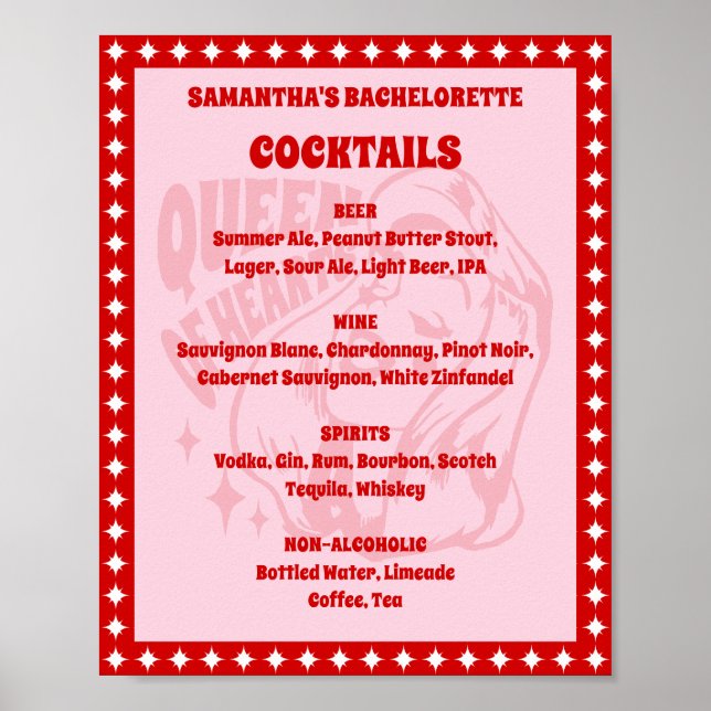 Queen of Hearts Bachelorette Cocktail Menu Sign Poster (Framsidan)