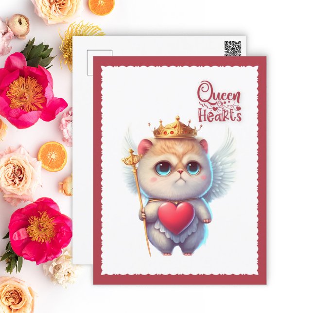 Queen of Hearts Chibi Angel Cat Valentine Helg Vykort (Skapare uppladdad)
