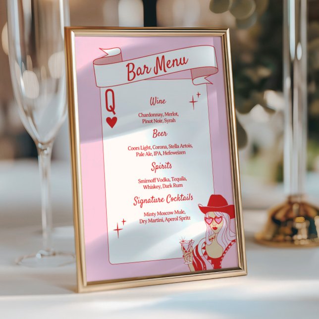 Queen of hearts Pub Menu Rosa Red Meny (queen of hearts bar menu, pink red cocktail menu, bachelorette party drink sign, glam vegas bar menu)