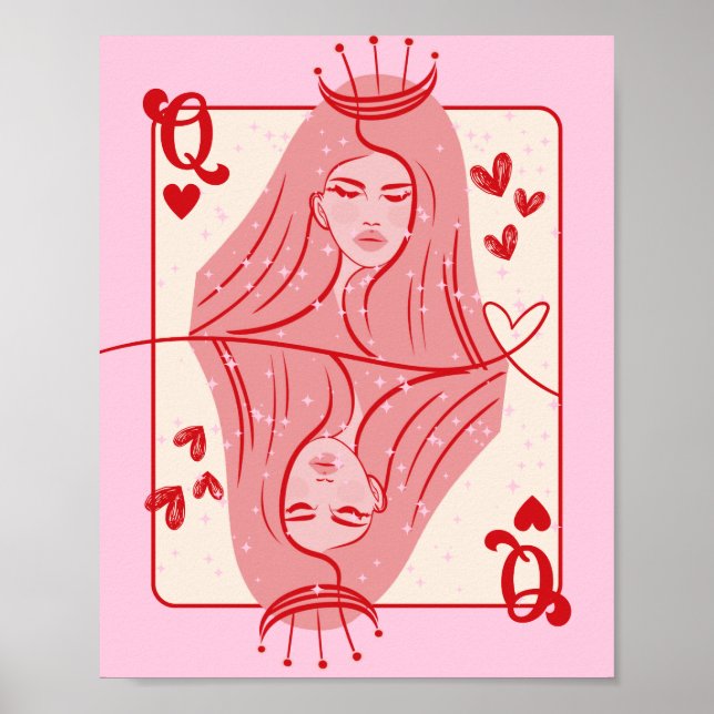 Queen of Hearts Red and Rosa Preppy Art Poster (Framsidan)