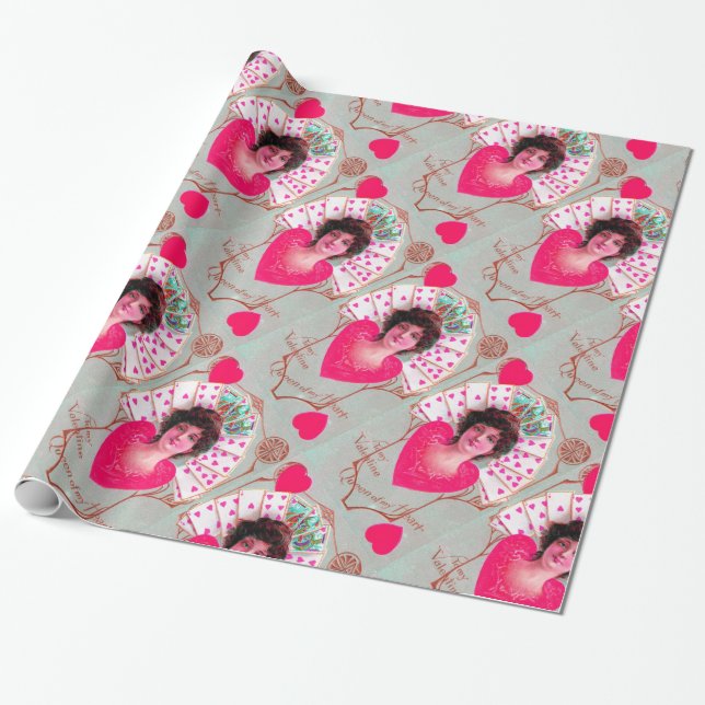 QUEEN OF HEARTS ,Rosa Fuchsia Valentine Day Presentpapper (Utrullad)