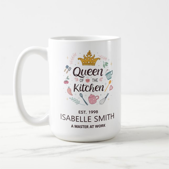 Queen of the Kitchen Custom Name Design Kaffemugg (Vänster)
