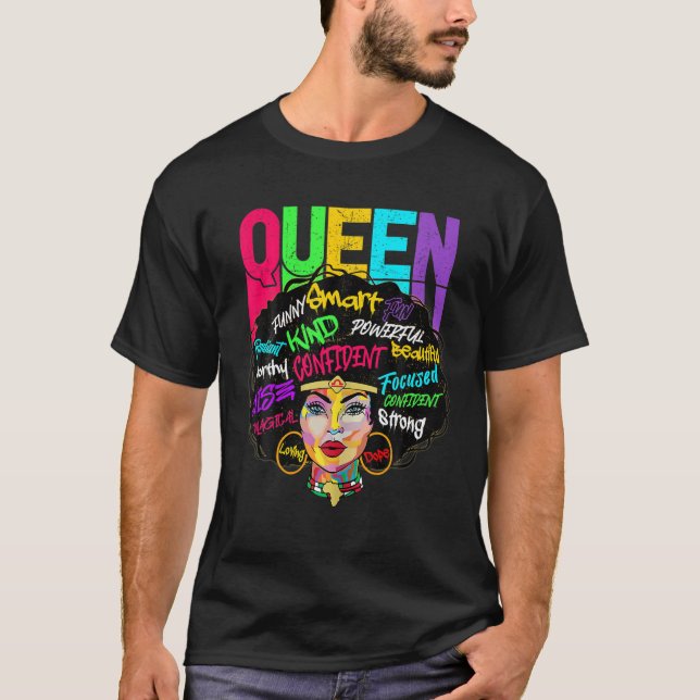 Queen Smart Strong Black Woman Afro Melanin Black T Shirt (Framsida)