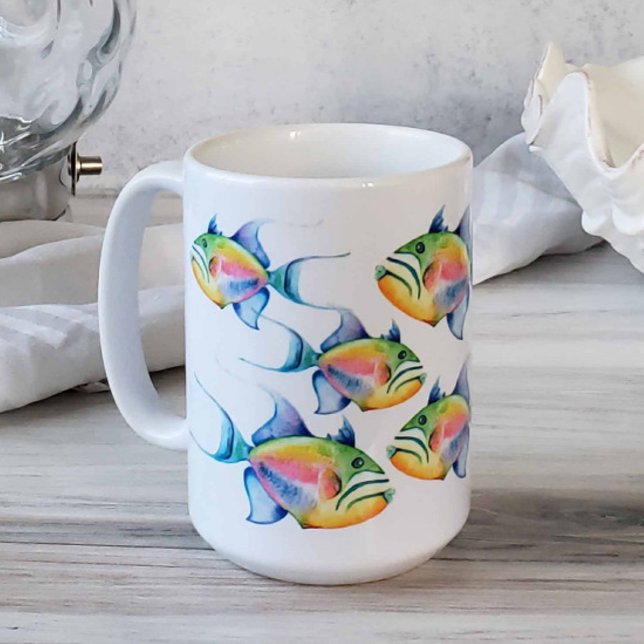 Queen Triggerfish Tropical Fish Watercolor Art Kaffemugg (Beach-themed coffee mugs feature ocean inspired tropical fish art by Victoria Grigaliunas)