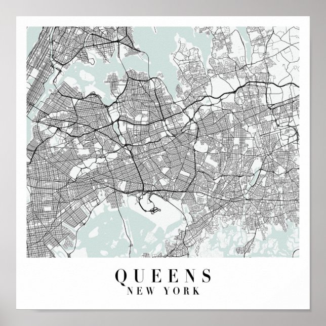 Queens New York Blue Vatten Street Karta Poster (Framsidan)