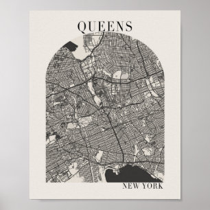Queens New York Boho Arch Beige Street Karta Poster