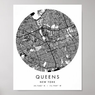 Queens New York Minimum Modern Circle Street Karta Poster