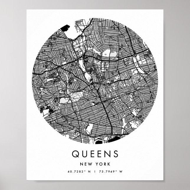 Queens New York Minimum Modern Circle Street Karta Poster (Framsidan)