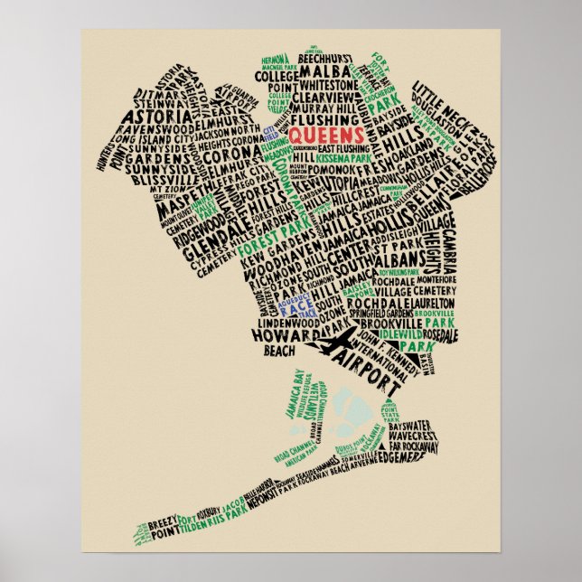 Queens, New York Typography Karta Art Poster (Framsidan)
