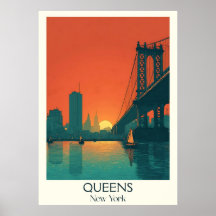 Queens New York Vintage Bridge Sunset City Art