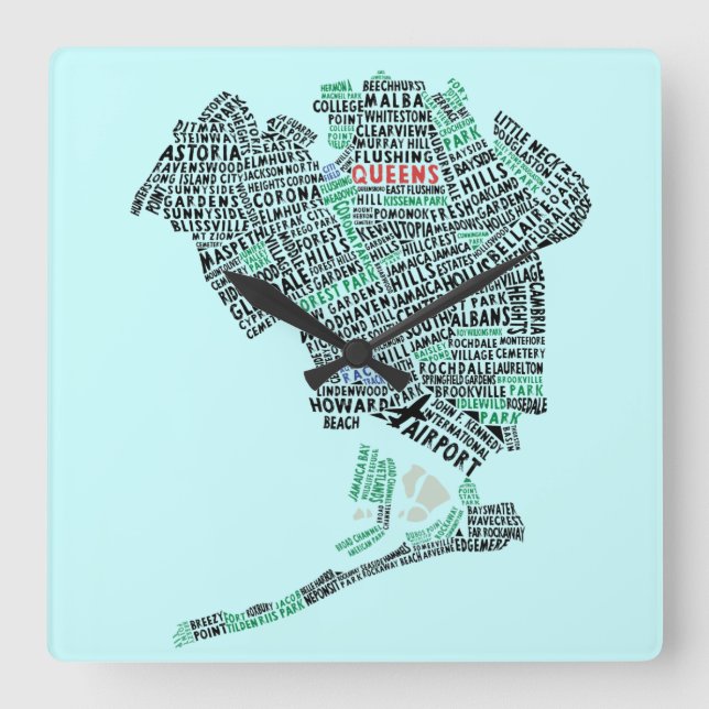 Queens NY Typography Karta Art Wall Clock Fyrkantig Klocka (Framsida)
