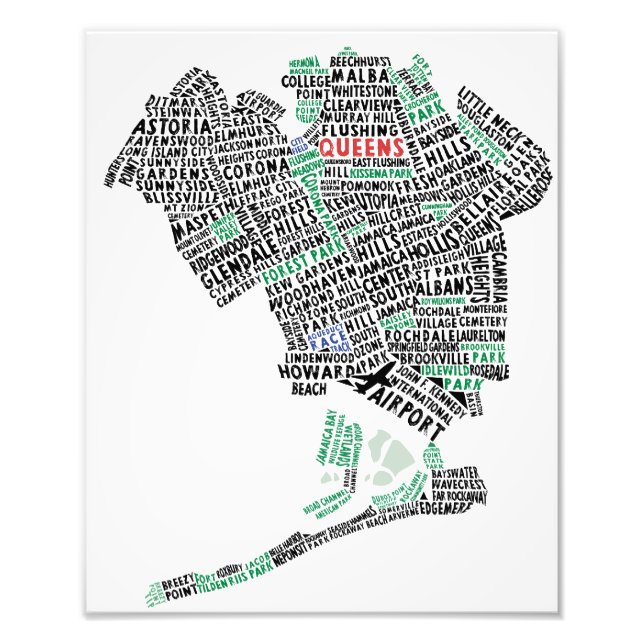 Queens NY Typography Karta Photo Print Fototryck (Framsidan)