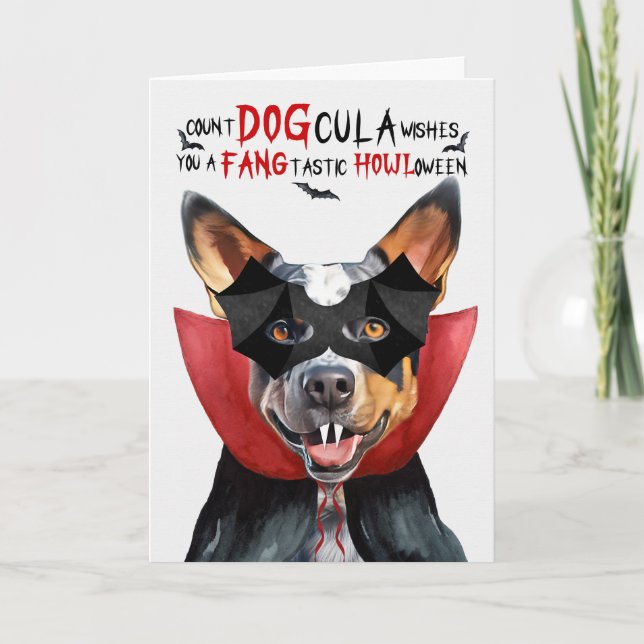 Queensland Heeler Hund Count DOGcula Halloween Helgkort (Framsida)