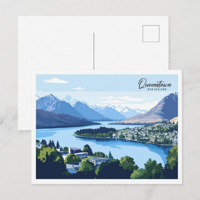 Queenstown New Zealand Illustration Travel Vykort (Fram/baksida)