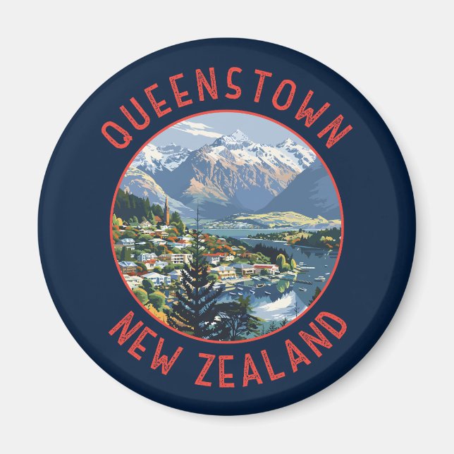 Queenstown New Zealand Retro Distress Circle Magnet (Framsidan)