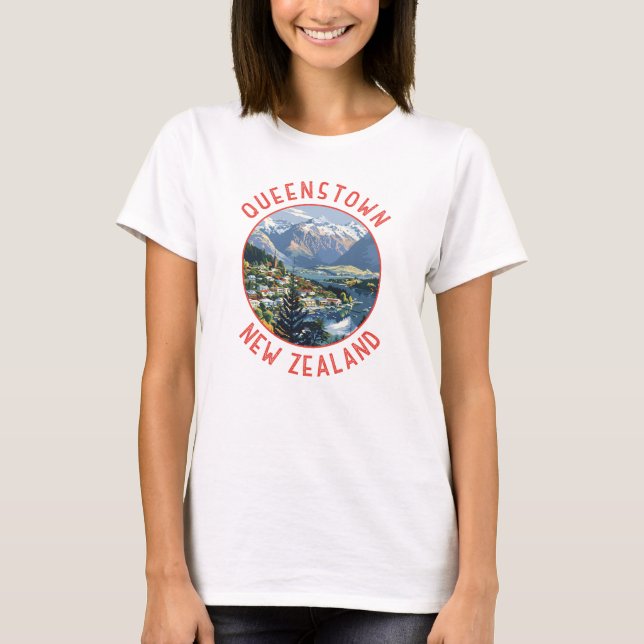 Queenstown New Zealand Retro Distress Circle T Shirt (Framsida)