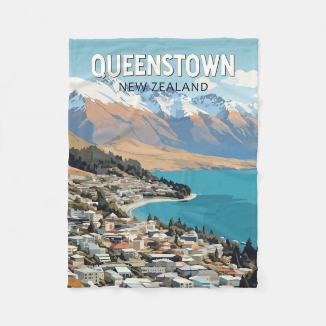 Queenstown New Zealand Travel Art Vintage Fleecefilt (Framsidan)