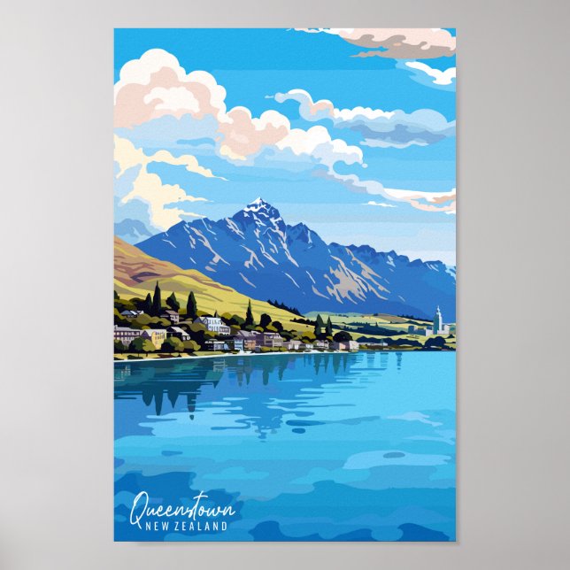 Queenstown New Zealand Travel Art Vintage Poster (Framsidan)