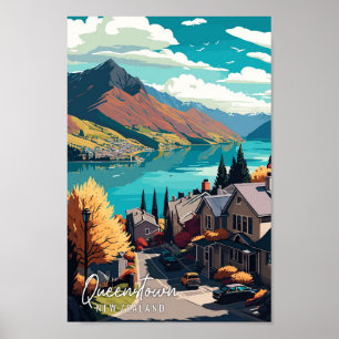 Queenstown New Zealand vintage resor illustration Poster