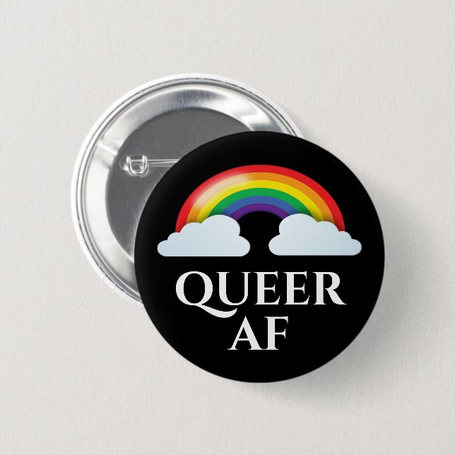 'Queer AF' regnbåge och moln Knapp (Framsida & baksida)