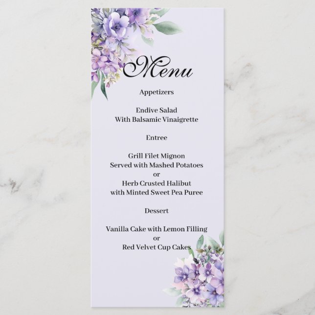 Quenceanera Lavender floral Menu Meny (Framsida)