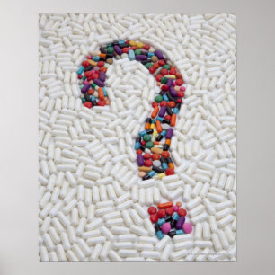 Question markerar av pills på vitpillbakgrund poster