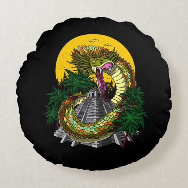 Quetzalcoatl Aztec Orake Gud Rund Kudde (Framsidan)