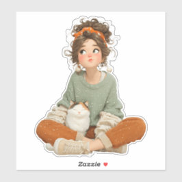 Quiet Daydream Girl & Cat – Premium Art Sticker Klistermärken