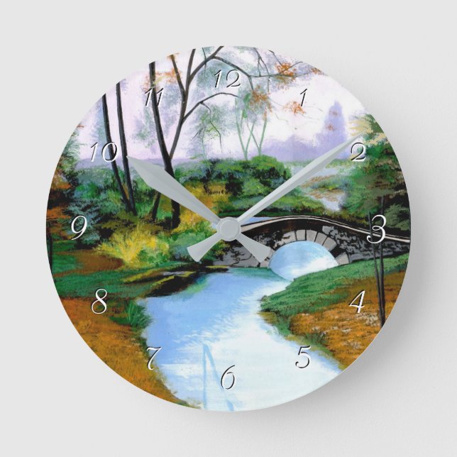 Quiet Foggy Morgon vid River Round Clock Rund Klocka (Framsida)