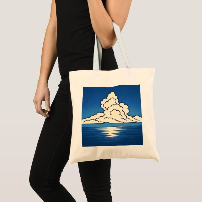 Quiet Horizon – Minimal Ocean & Cloud Art Tote Bag Tygkasse (Framsida (produkt))